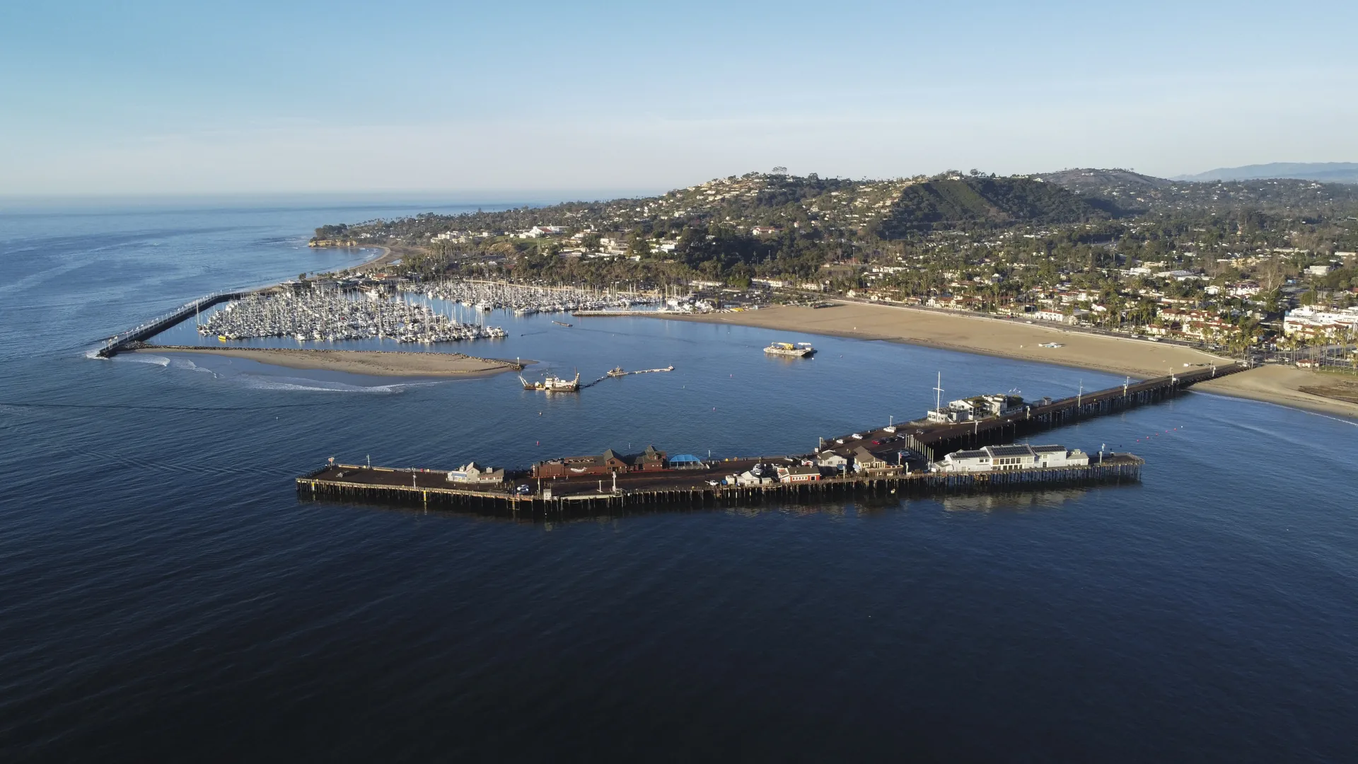 Aerial view of the Santa Barbara harbor and Stearns Wharf